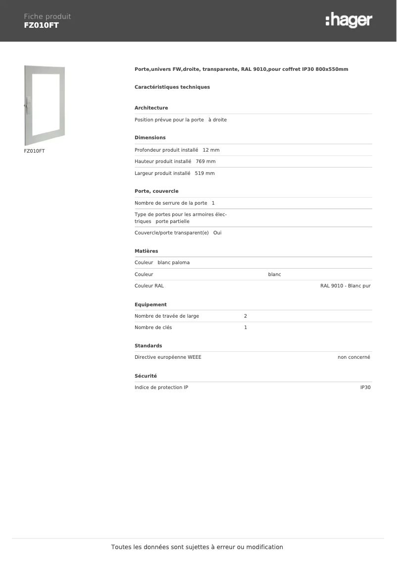 Page n°1 - Manuel utilisateur Hager FZ010FT