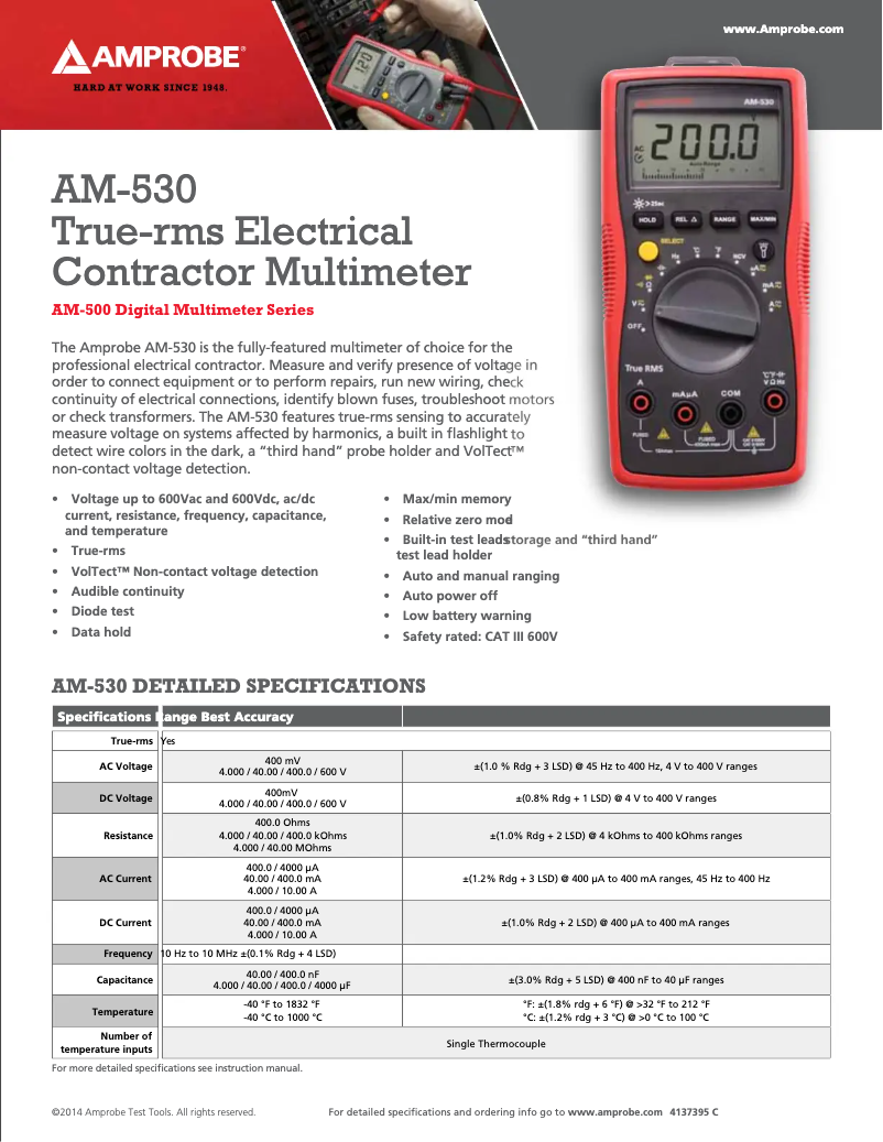 Page 1 de la notice Fiche technique Amprobe AM-530