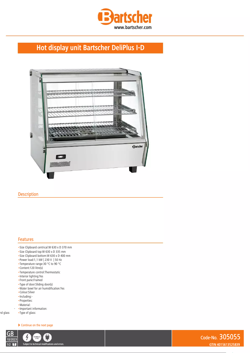 Page 1 de la notice Fiche technique Bartscher 305055