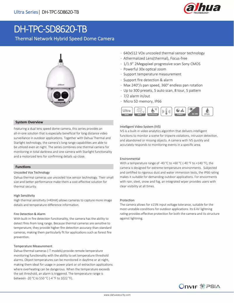 Page 1 de la notice Fiche technique Dahua Technology TPC-SD8620-TB
