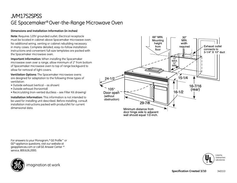 Page 1 de la notice Fiche technique GE JVM1752SPSS