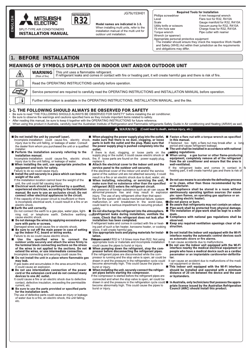 Page 1 de la notice Guide d'installation Mitsubishi MSZ-AP80VGD