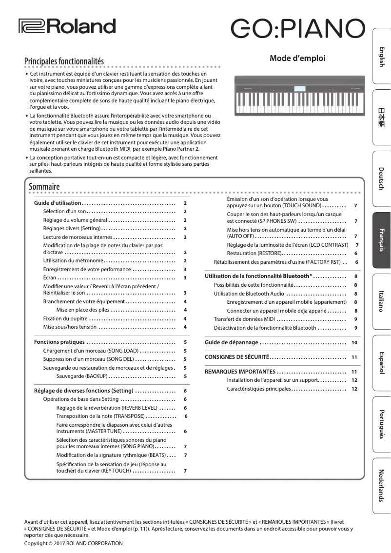 Page 1 de la notice Manuel utilisateur Roland GO:PIANO G0-61P