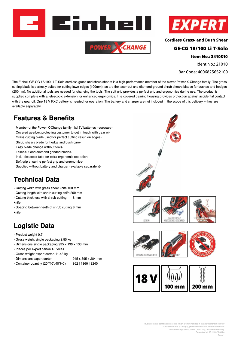 Page n°1 - Fiche technique Einhell GE-CG 18/100 Li T-Solo