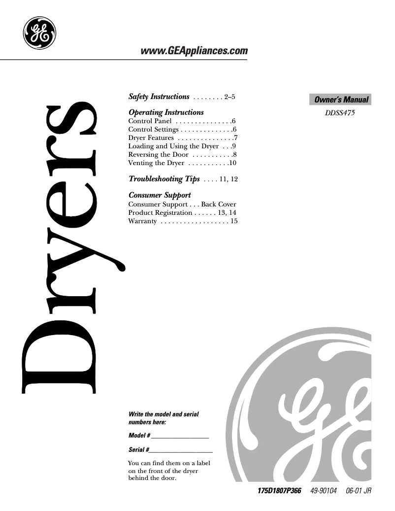 Page n°1 - Manuel utilisateur GE DDSS475EAWW