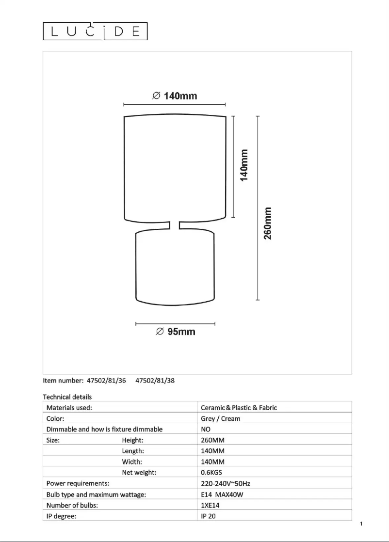 Page 1 de la notice Manuel utilisateur Lucide Greasby