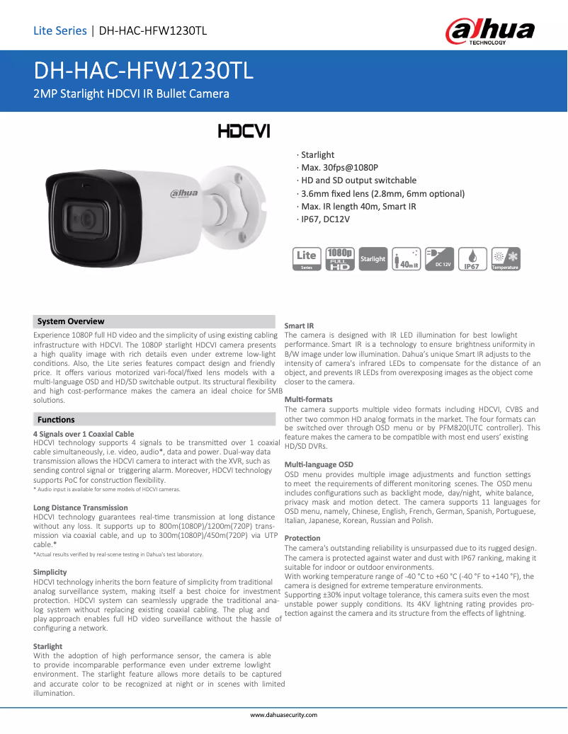 Image de la première page du manuel de l'appareil HAC-HFW1230TL