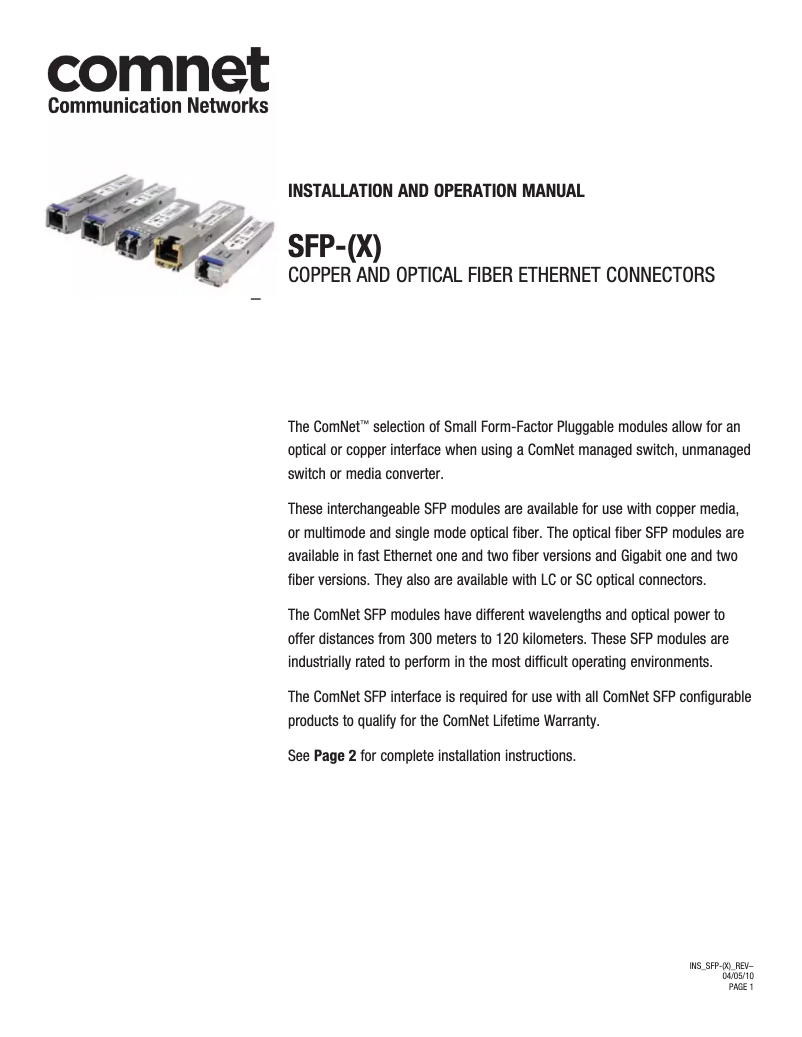 Page n°1 - Manuel utilisateur ComNet SFP-18B