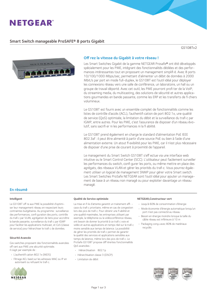 Page n°1 - Fiche technique Netgear GS108Tv2