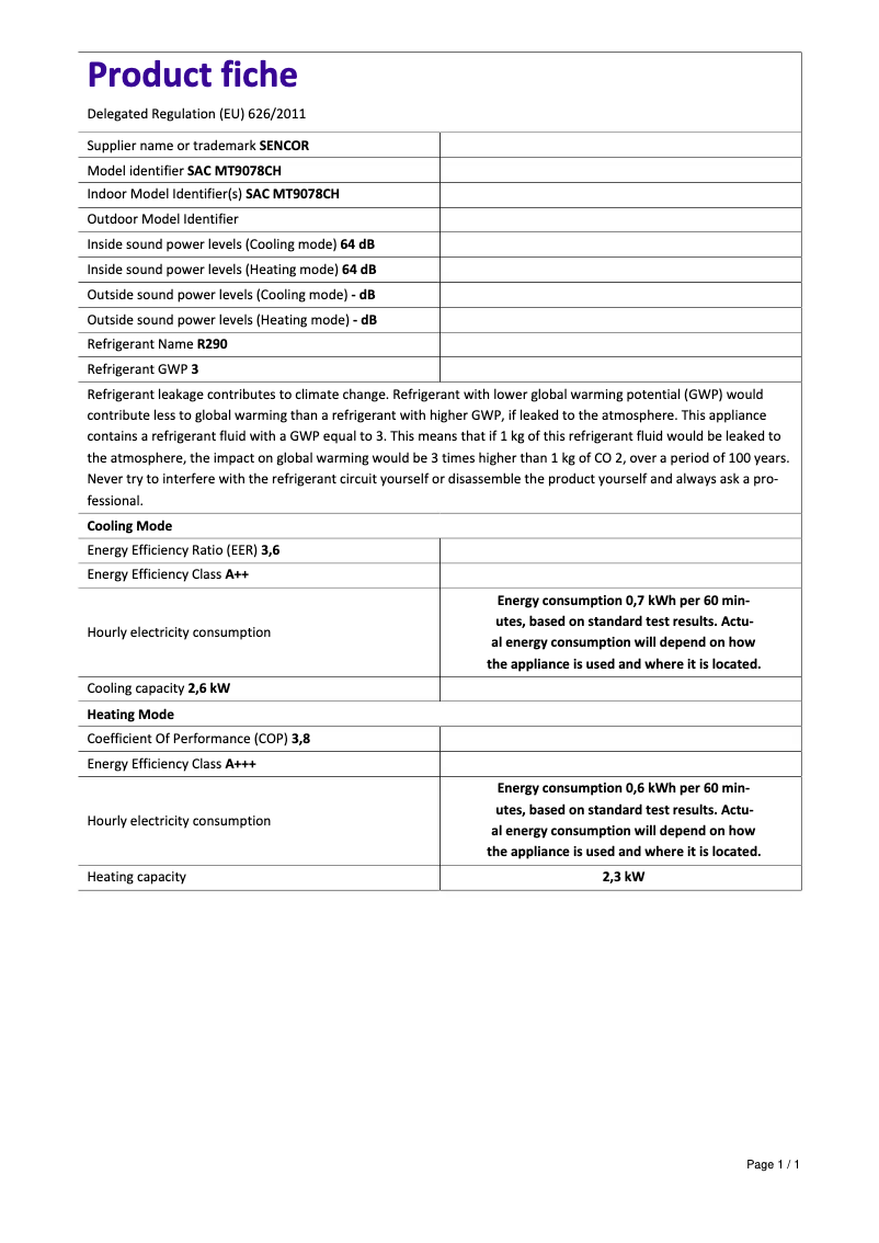 Page 1 de la notice Fiche technique Sencor SAC MT9078CH