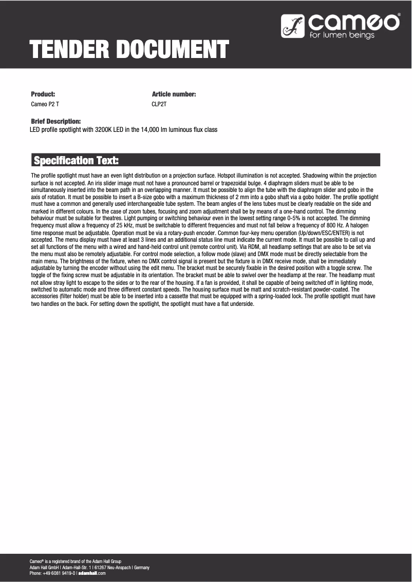 Page 1 de la notice Fiche technique Cameo P2 T