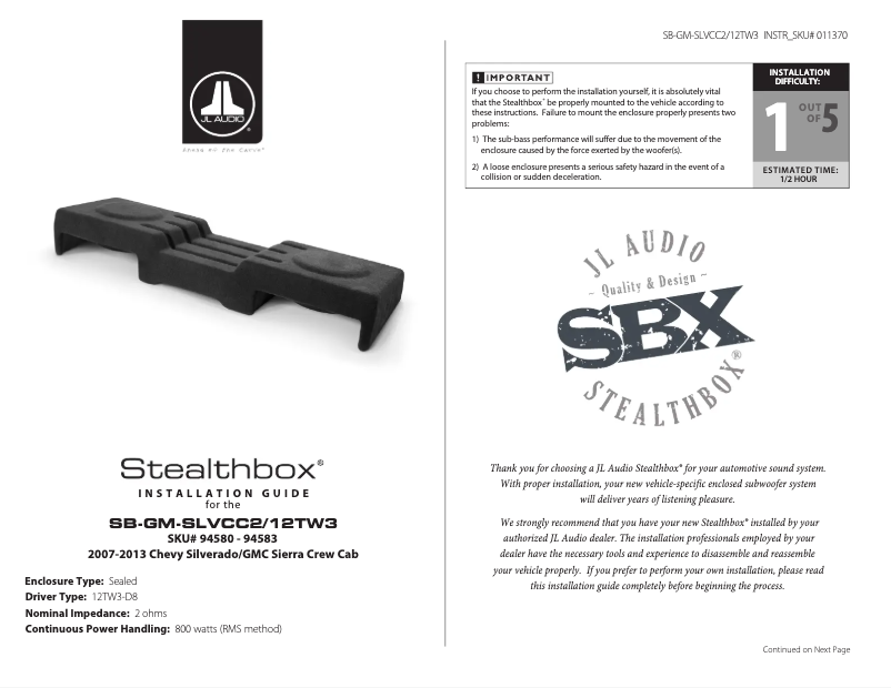 Page 1 de la notice Manuel utilisateur JL Audio Stealthbox SB-GM-SLVCC2/12TW3/BK