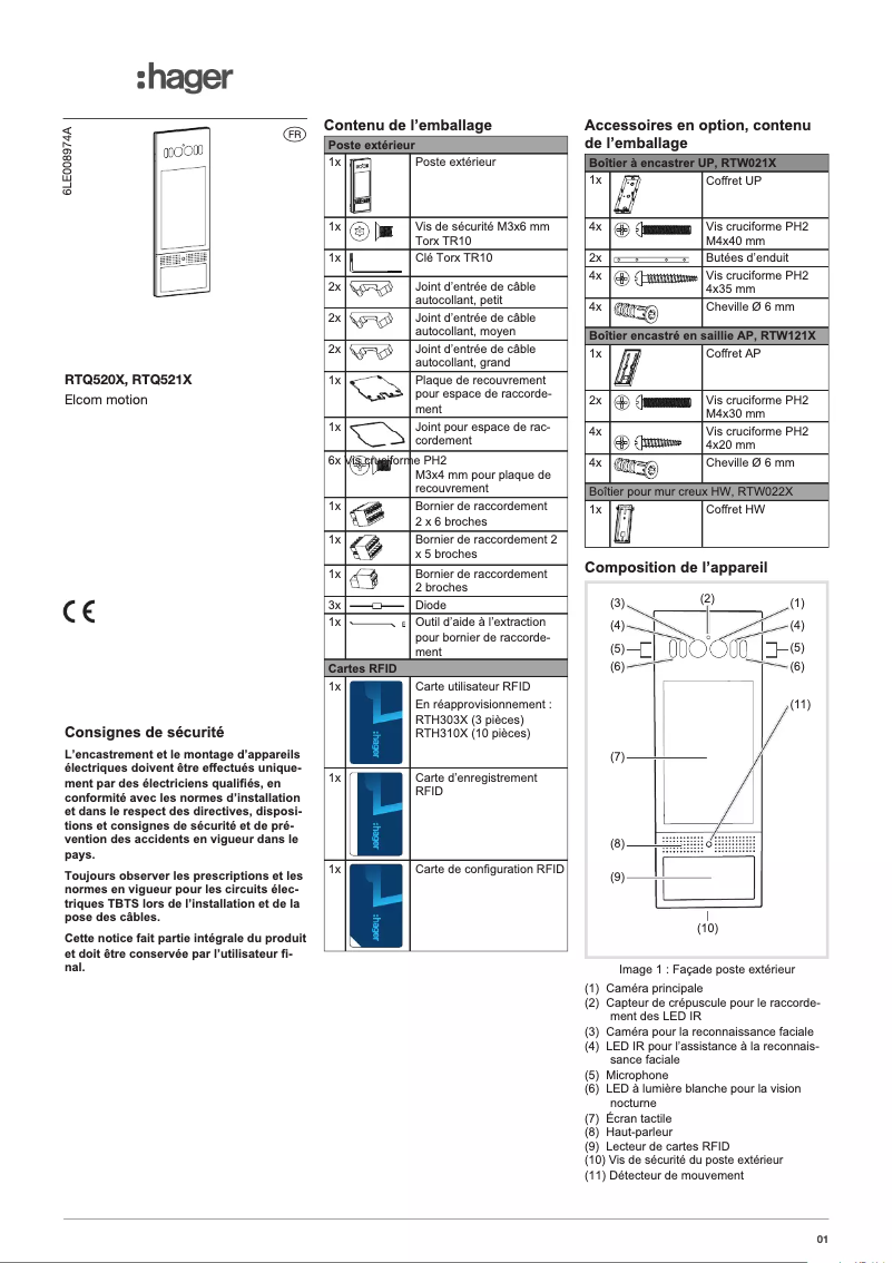 Page 1 de la notice Instructions / montage Hager RTQ521X