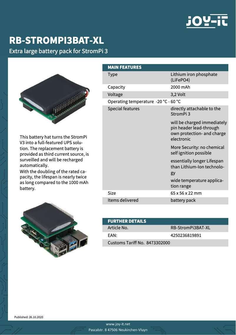 Page n°1 - Fiche technique Joy-It RB-StromPi3BAT-XL