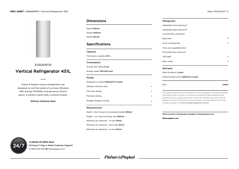 Page n°1 - Fiche technique Fisher & Paykel E450RXFD1