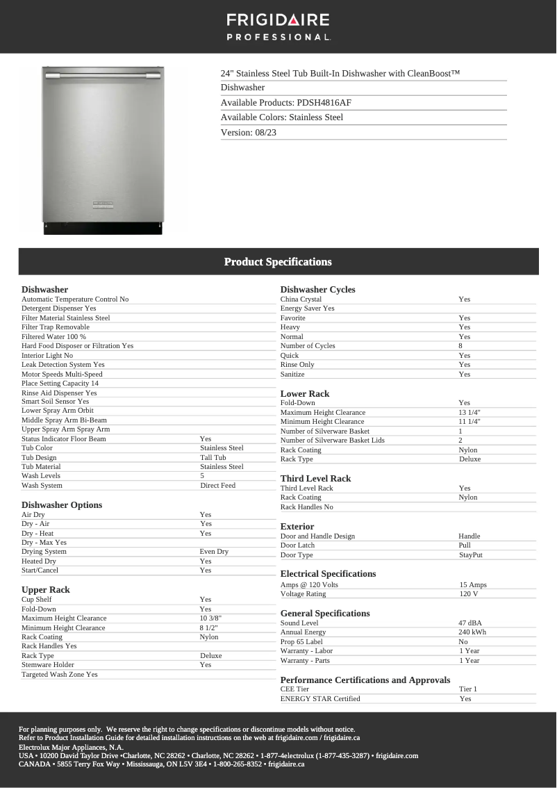 Page 1 de la notice Fiche technique Frigidaire PDSH4816AF