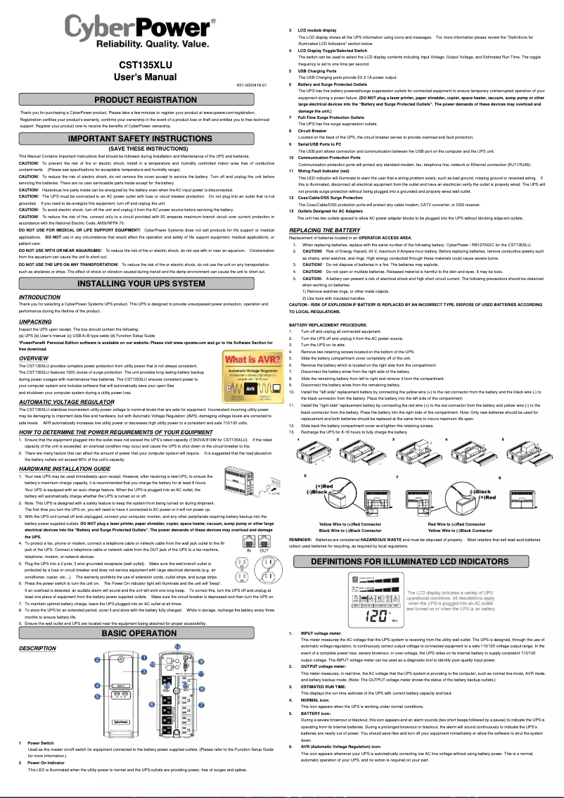 Page 1 de la notice Manuel utilisateur CyberPower CST135XLU