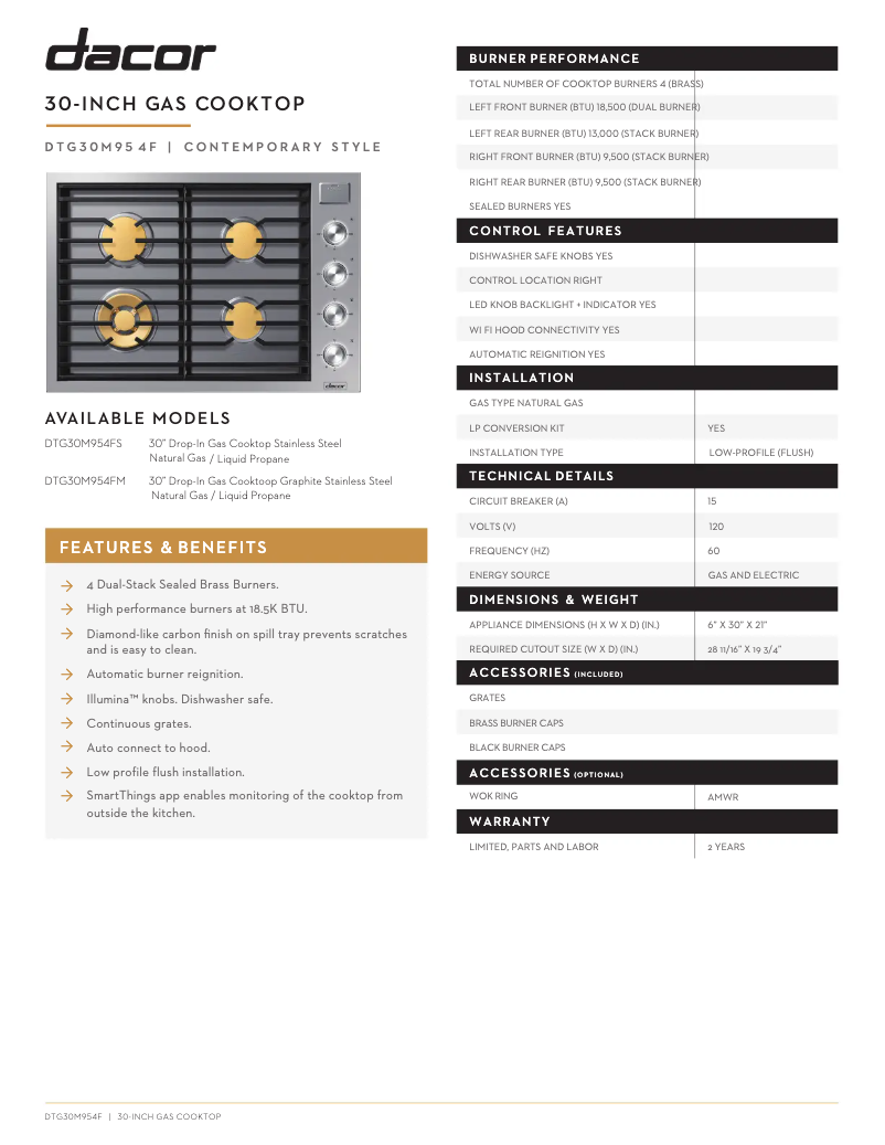 Page n°1 - Fiche technique Dacor DTG30M954FS