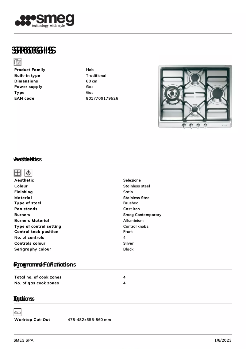 Page 1 de la notice Fiche technique Smeg SR60GHS
