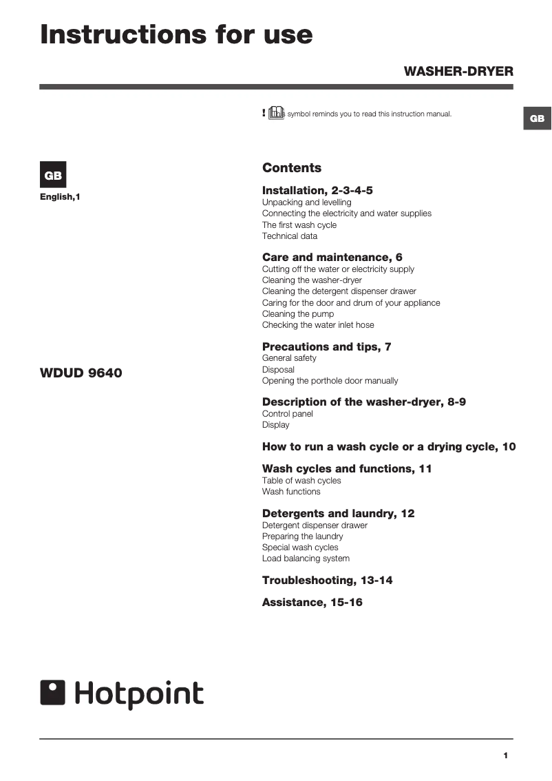 Page n°1 - Manuel utilisateur Hotpoint WDUD 9640P