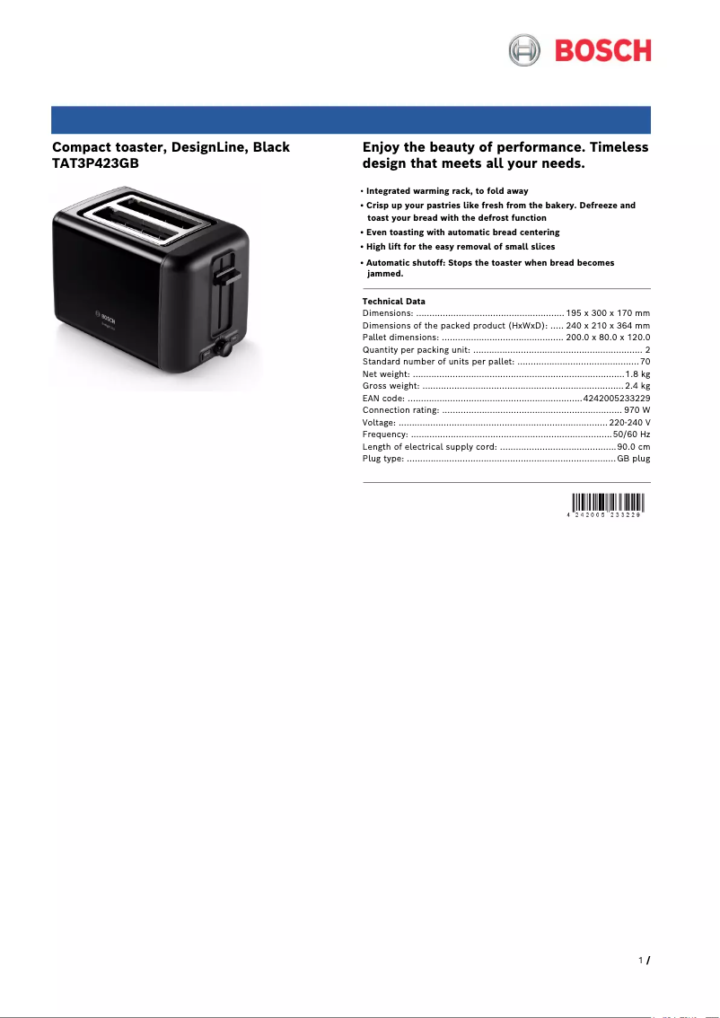 Page 1 de la notice Fiche technique Bosch TAT3P423GB