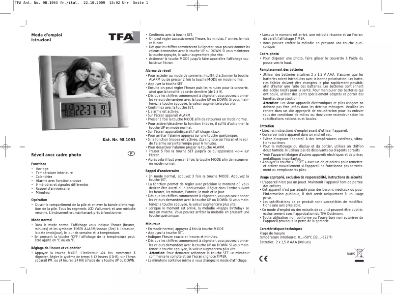Page n°1 - Manuel utilisateur TFA 98.1093