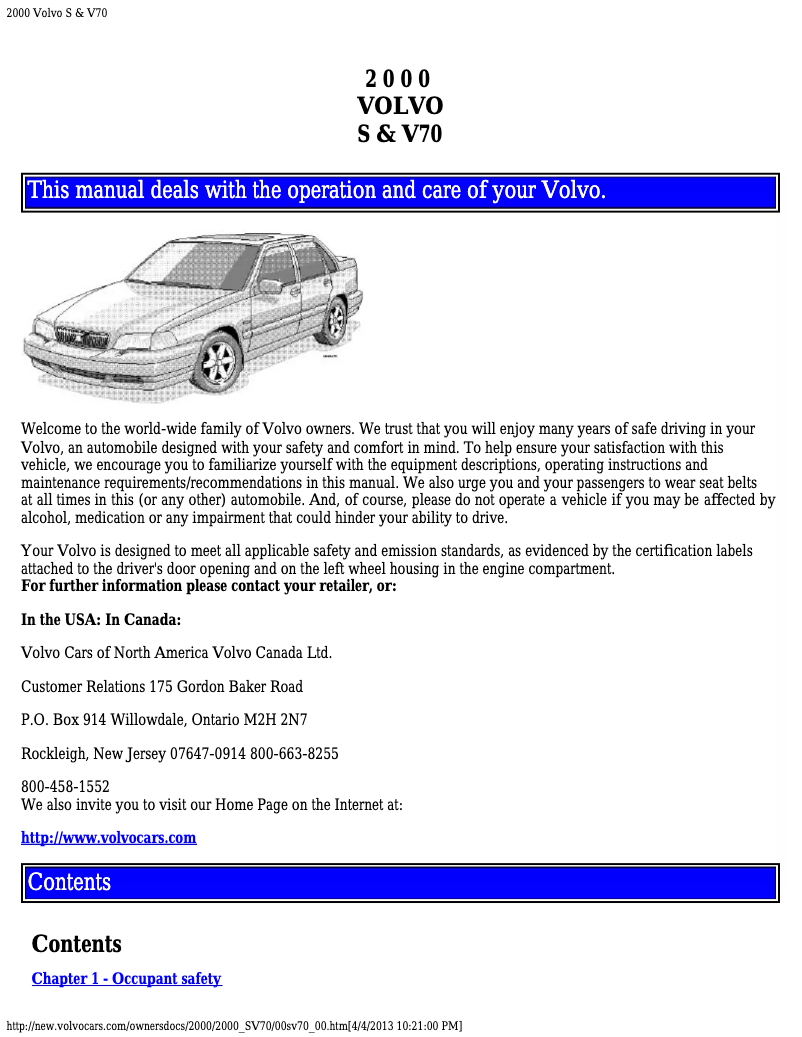 Page 1 de la notice Manuel utilisateur Volvo V70 (2000)