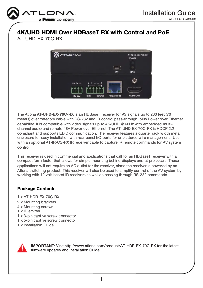 Page n°1 - Guide d'installation Atlona AT-UHD-EX-70C-RX