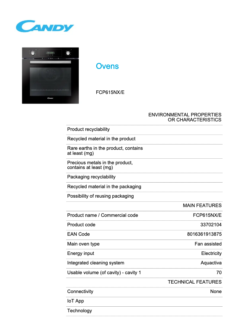 Page 1 de la notice Fiche technique Candy FCP615NX/E