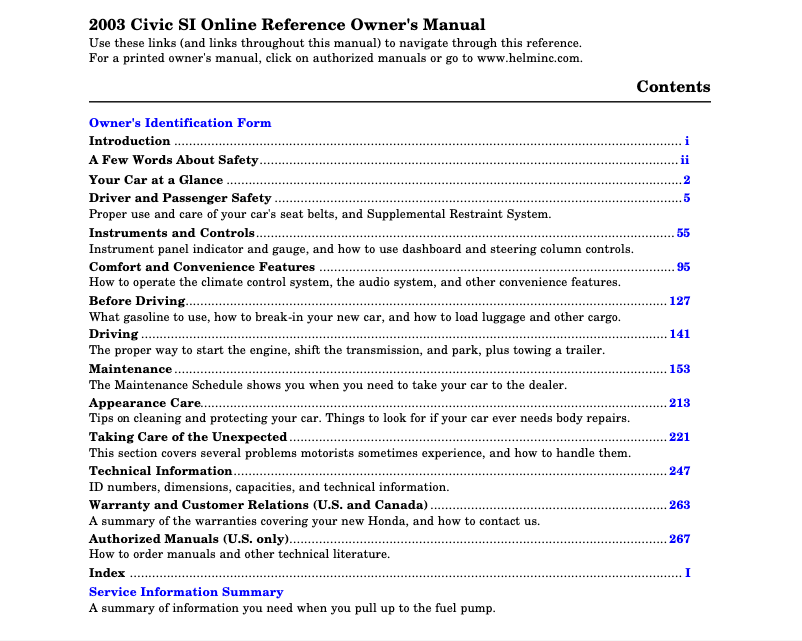 Página 1 del manual Manual de usuario Honda Civic Si (2003)