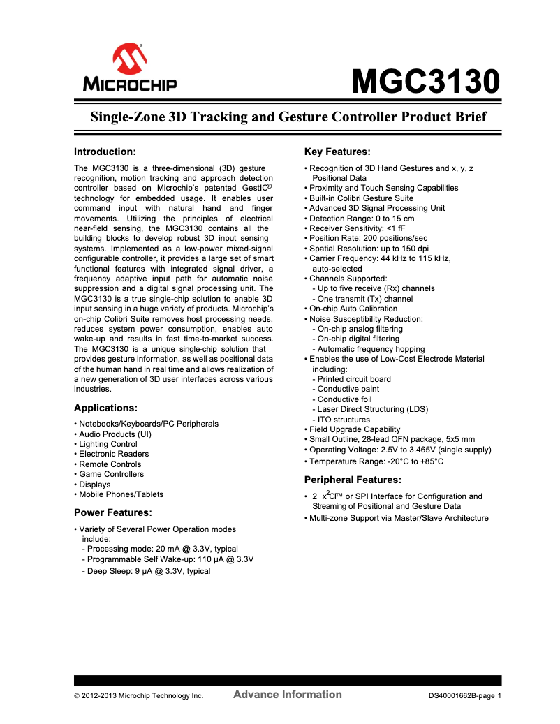 Page 1 de la notice Fiche technique Microchip MGC3130