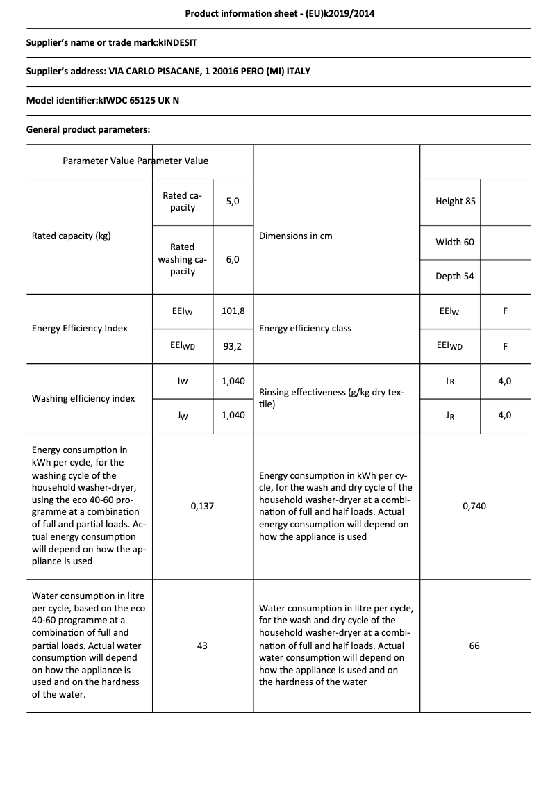 Page n°1 - Fiche technique Indesit IWDC 65125 UK N