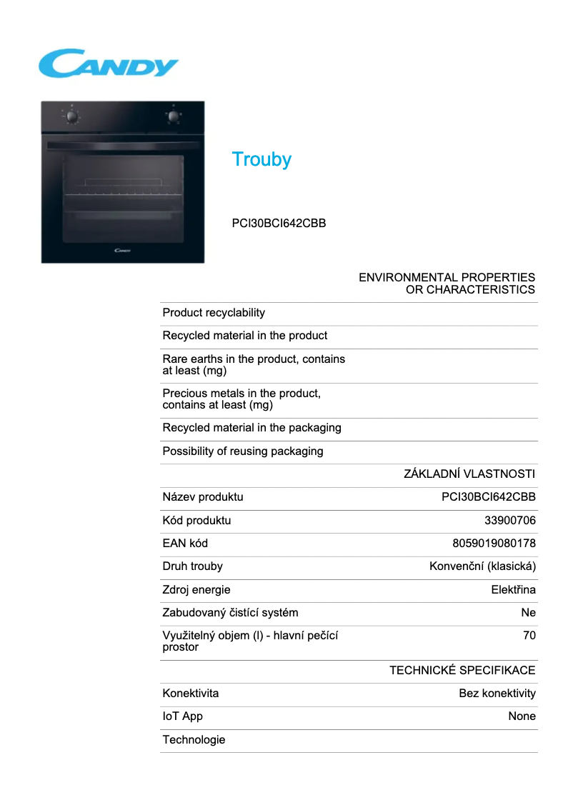 Page 1 de la notice Fiche technique Candy PCI30BCI642CBB
