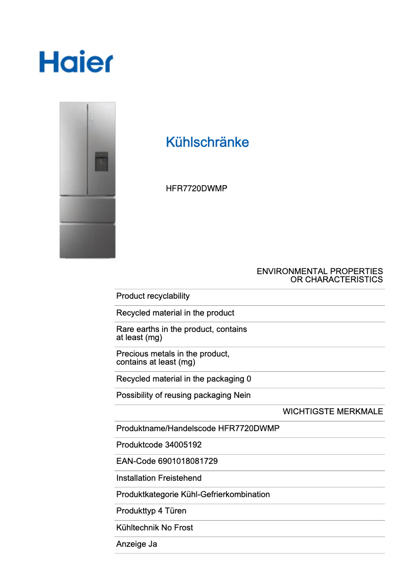 Page n°1 - Manuel utilisateur Haier HFR7720DWMP