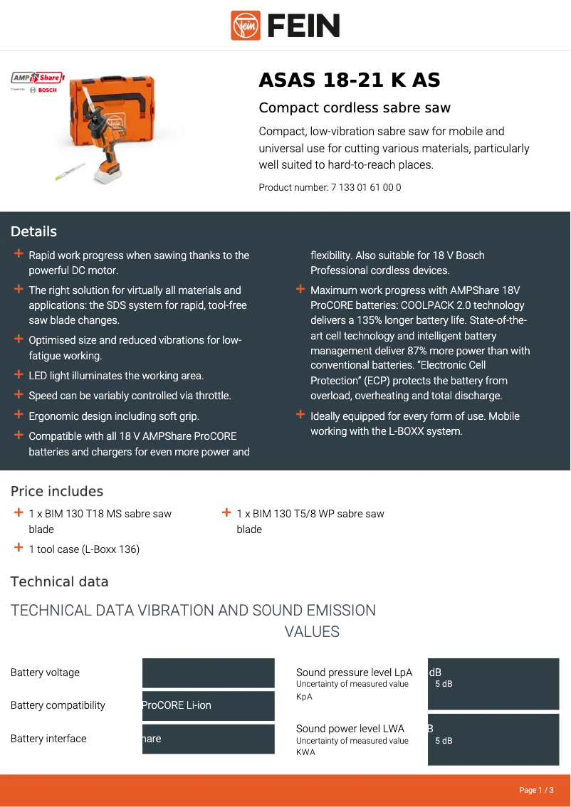 Page n°1 - Fiche technique Fein ASAS 18-21 K AS