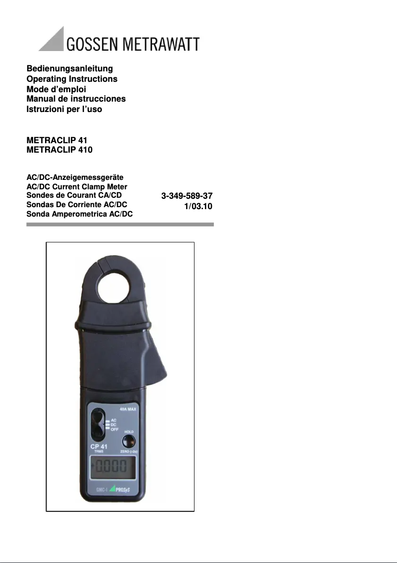 Page 1 de la notice Manuel utilisateur Gossen Metrawatt MetraClip 410