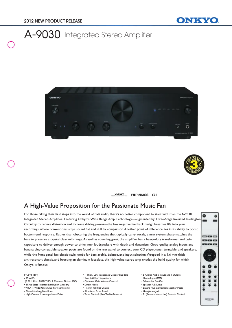 Page n°1 - Fiche technique Onkyo A-9030