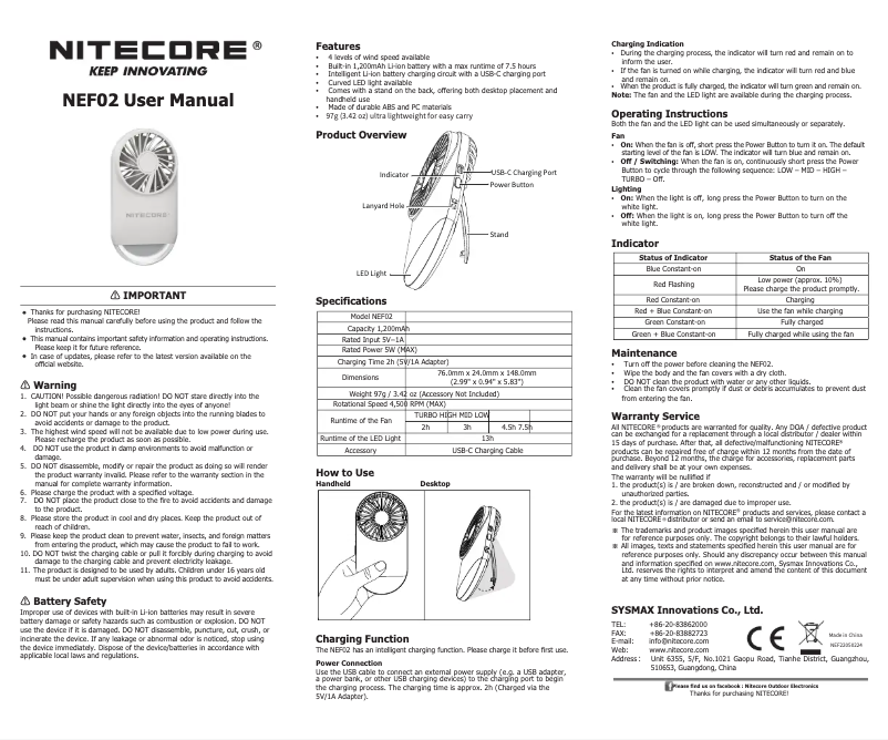 Page 1 de la notice Manuel utilisateur Nitecore NEF02