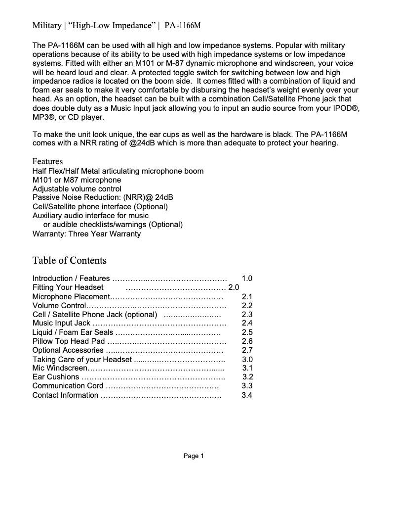 Page n°1 - Manuel utilisateur Pilot PA-1166M