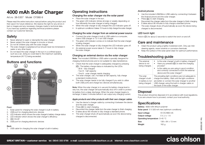 Page 1 de la notice Manuel utilisateur Clas Ohlson OY380-9