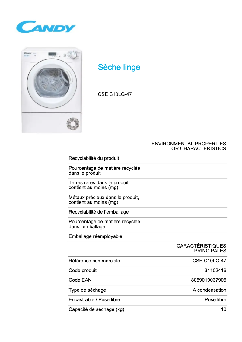 Page 1 de la notice Fiche technique Candy CSE C10LG-47