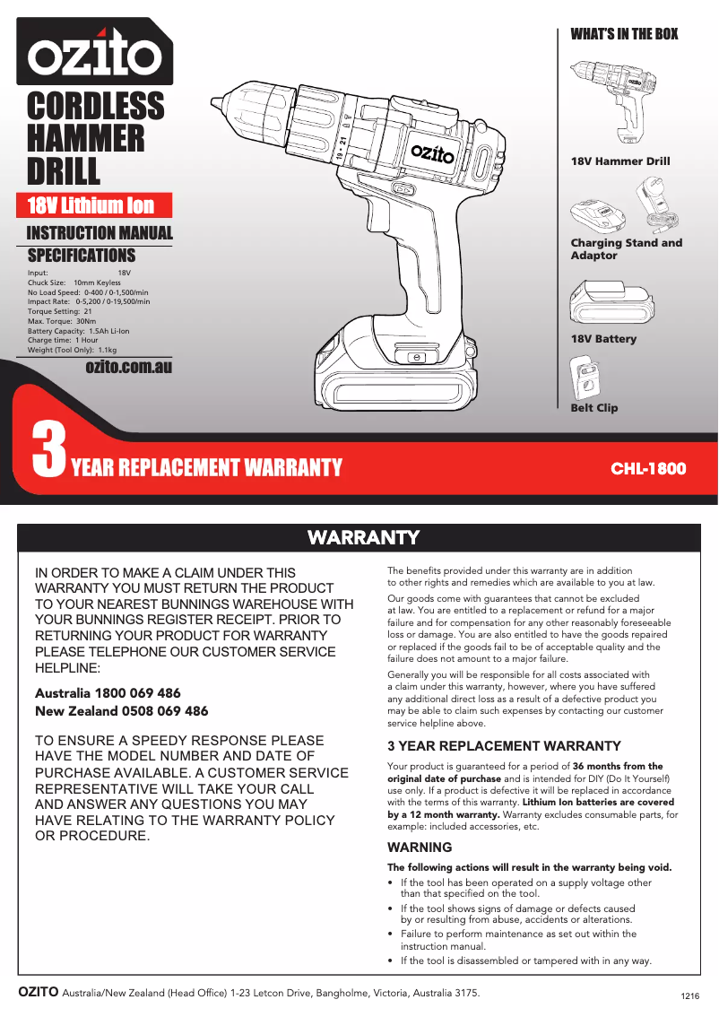 Image de la première page du manuel de l'appareil CHL-1800