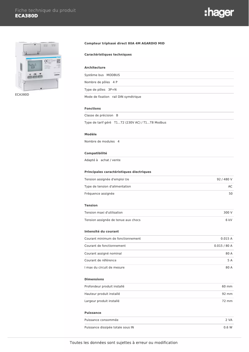 Page 1 of the manual Technical Sheet Hager ECA380D