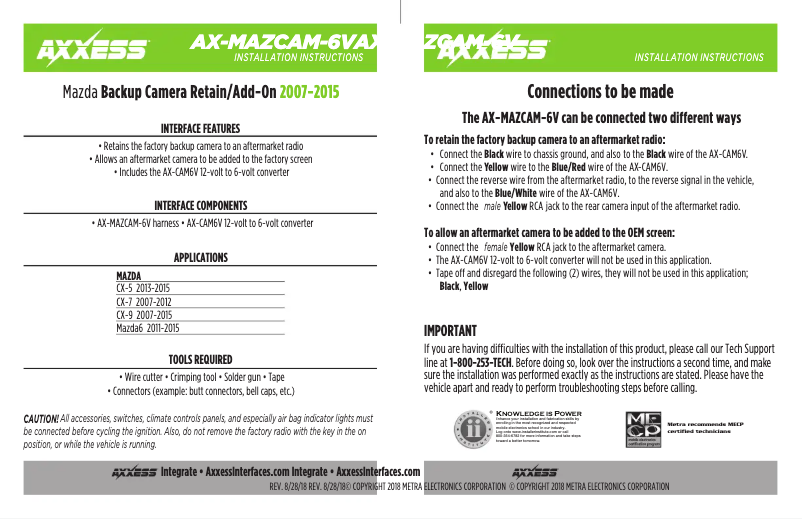 Page n°1 - Manuel utilisateur Metra AX-MAZCAM-6V