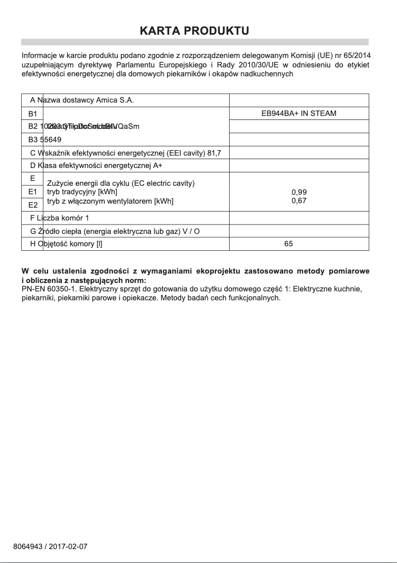 Page 1 de la notice Fiche technique Amica EB944BA+ IN STEAM