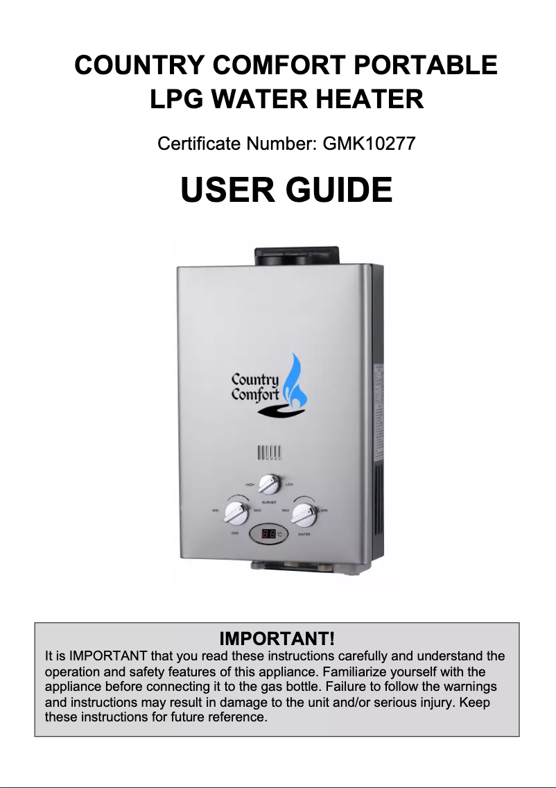 Page n°1 - Manuel utilisateur Country Comfort Portable LPG Water Heater