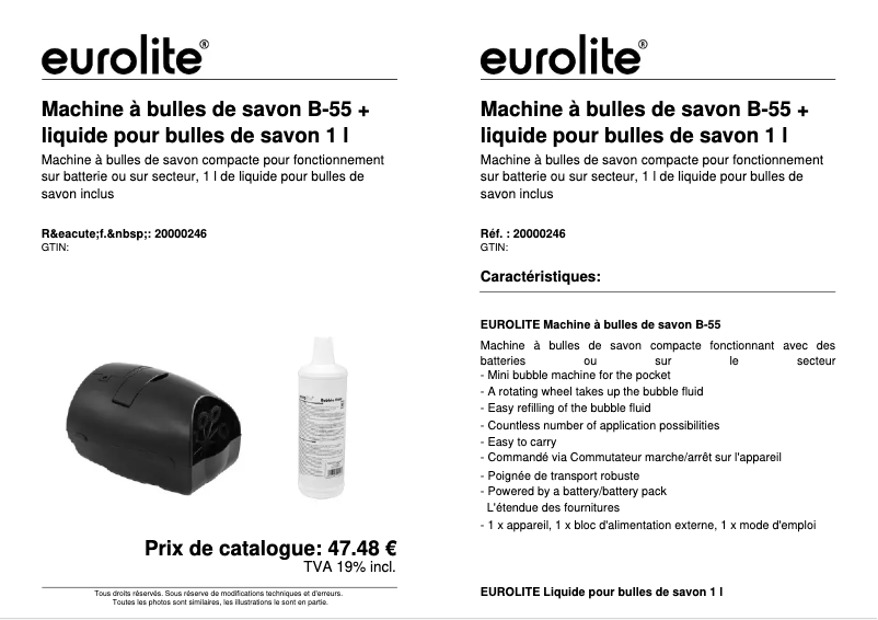 Page 1 de la notice Fiche technique Eurolite B-55
