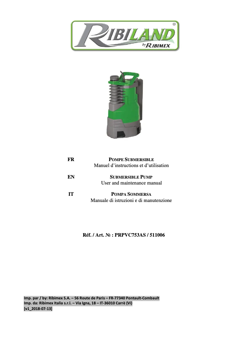 Page 1 de la notice Manuel utilisateur Ribimex Ribiland PRPVC753AS