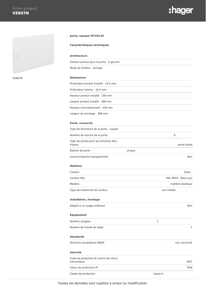 Page n°1 - Fiche technique Hager VZ607N