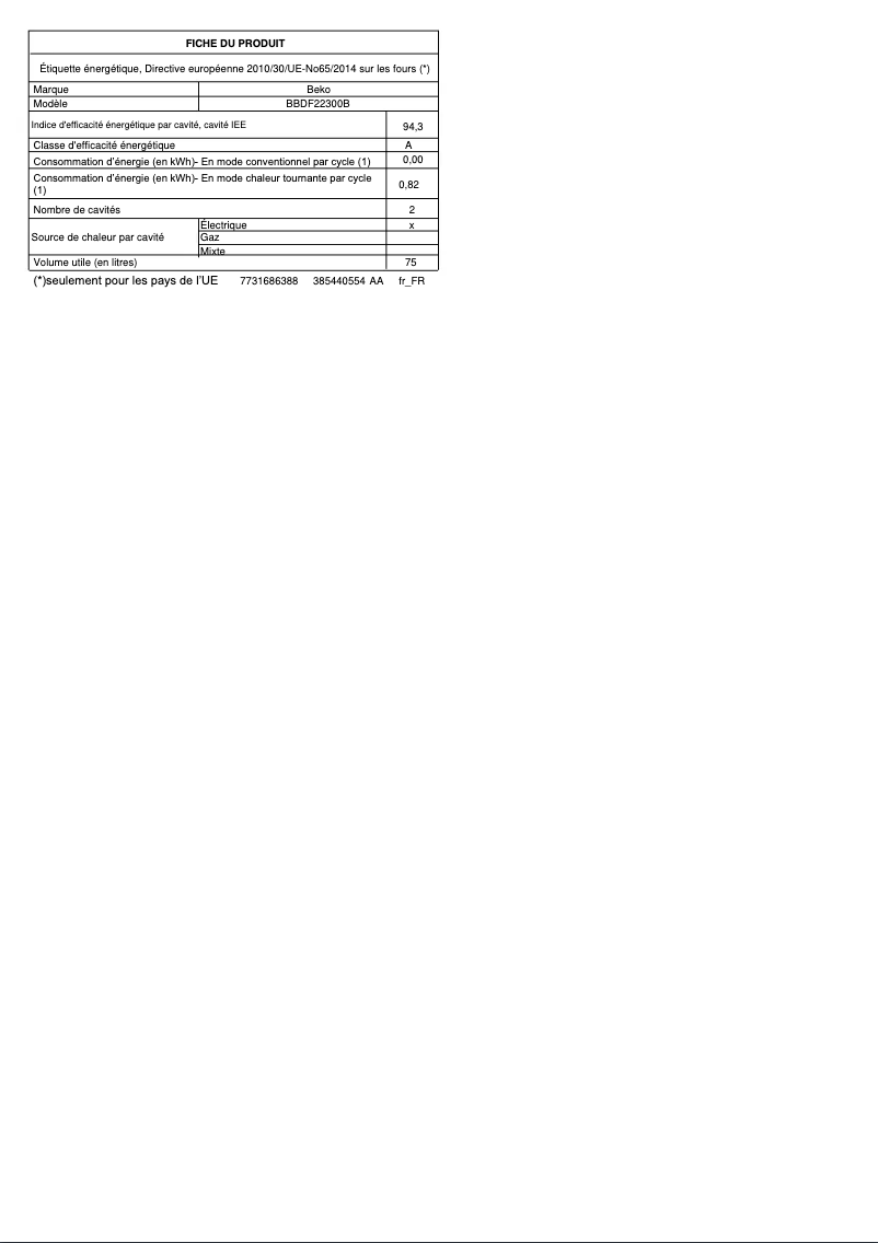 Page 1 de la notice Fiche technique Beko BBDF22300B